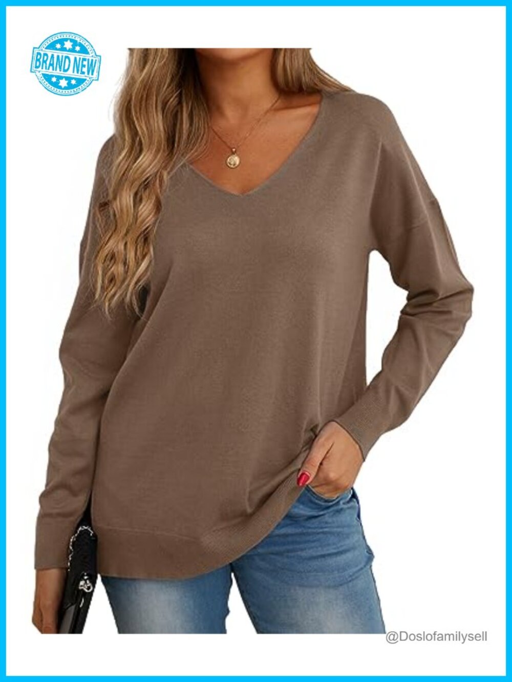 Loose Knit V-Neck Long Sleeve Pullover Sweater with Side Split